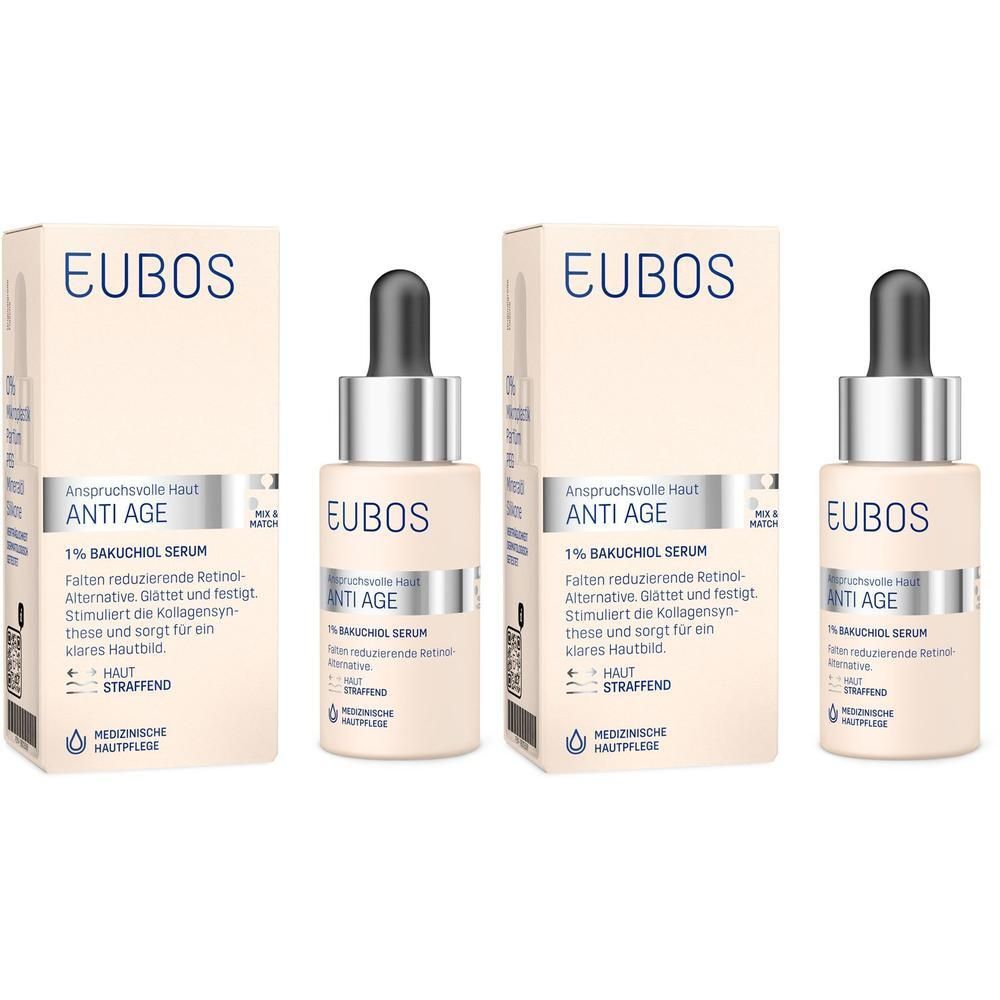 Mehrere Flaschen und Verpackungen von EUBOS ANTI-AGE 1% Bakuchiol Serum. Beige Flaschen mit schwarzer Pipette und weißer Schrift.