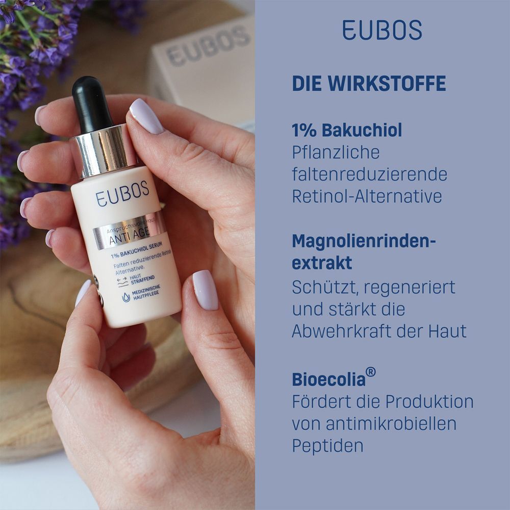 Hände halten EUBOS ANTI AGE Serum. Text: 1% Bakuchiol, Magnolienrindenextrakt, Bioecolia. Hintergrund blau.