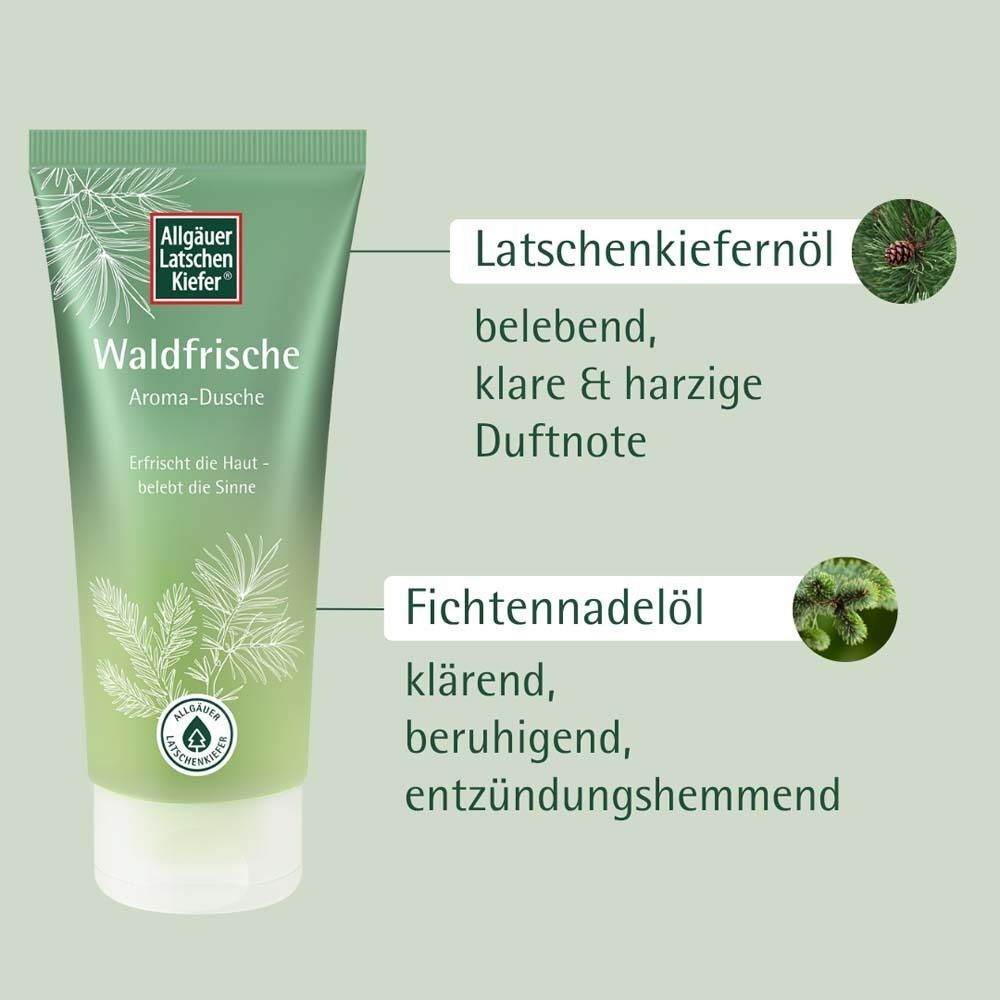 Grüne Tube. Aufschrift: Waldfrische Aroma-Dusche. Text: Latschenkieferöl, Fichtennadelöl. Siegel.  