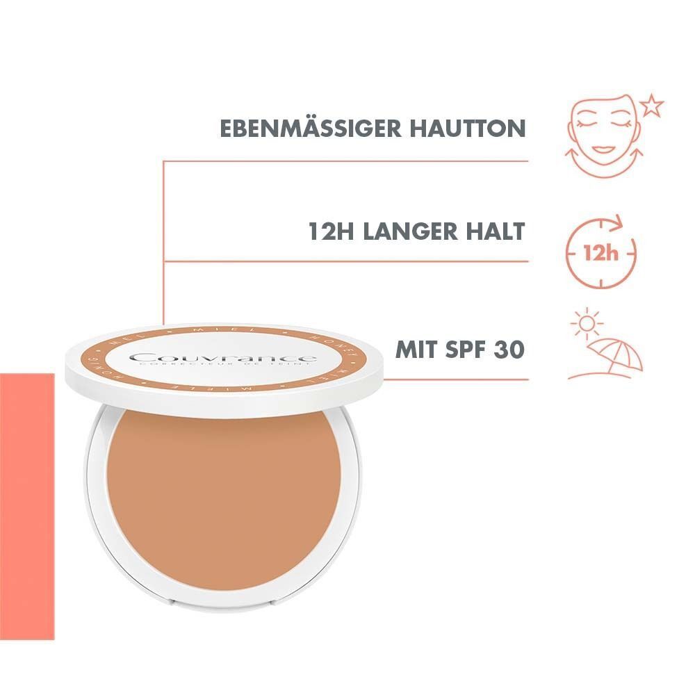 Kompaktes Creme-Make-up mit geöffnetem Deckel. Text: Ebenmäßiger Hautton, 12h langer Halt, mit SPF 30.