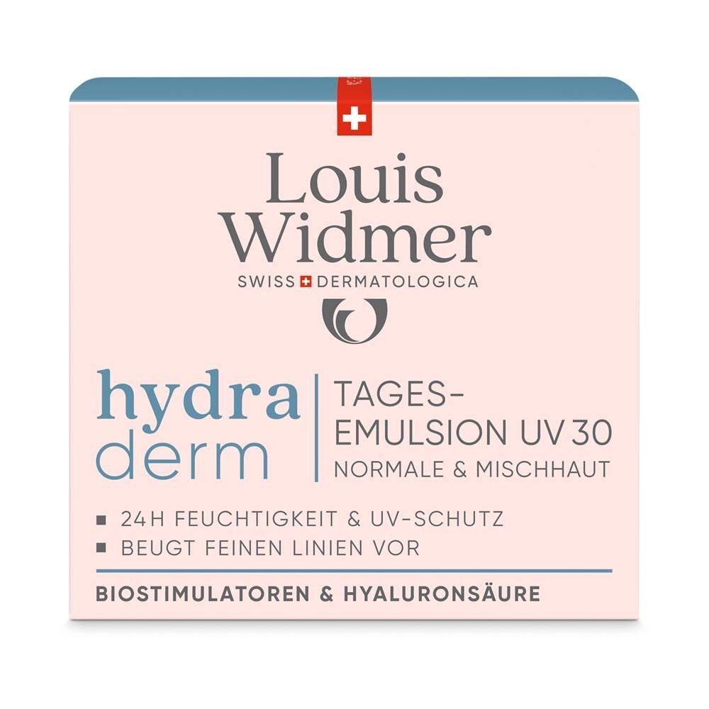 Produktverpackung. Rosa-weißes Quadrat mit Produktinformationen. Logo: Louis Widmer. Produktname: hydra derm Tagesemulsion UV 30.