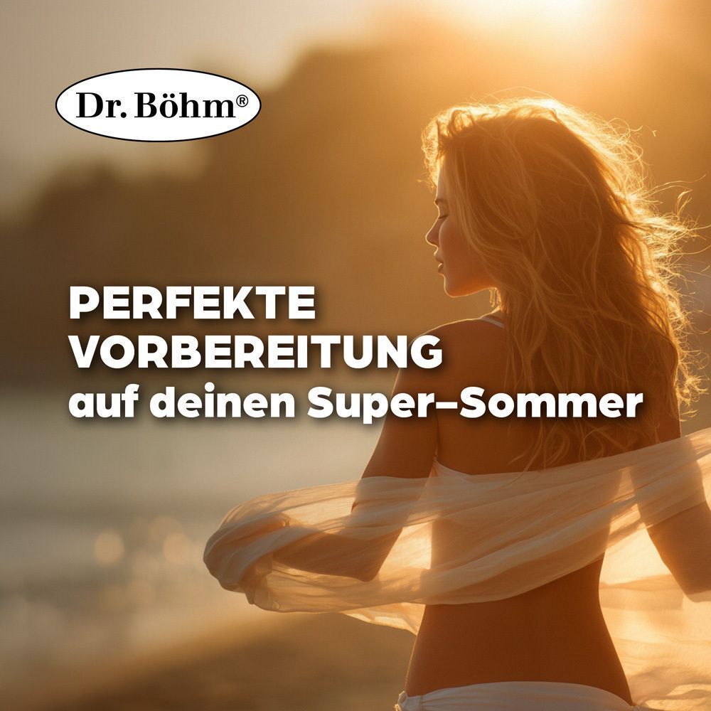 Eine Frau am Strand. Text: PERFEKTE VORBEREITUNG auf deinen Super-Sommer. Logo: Dr. Böhm.