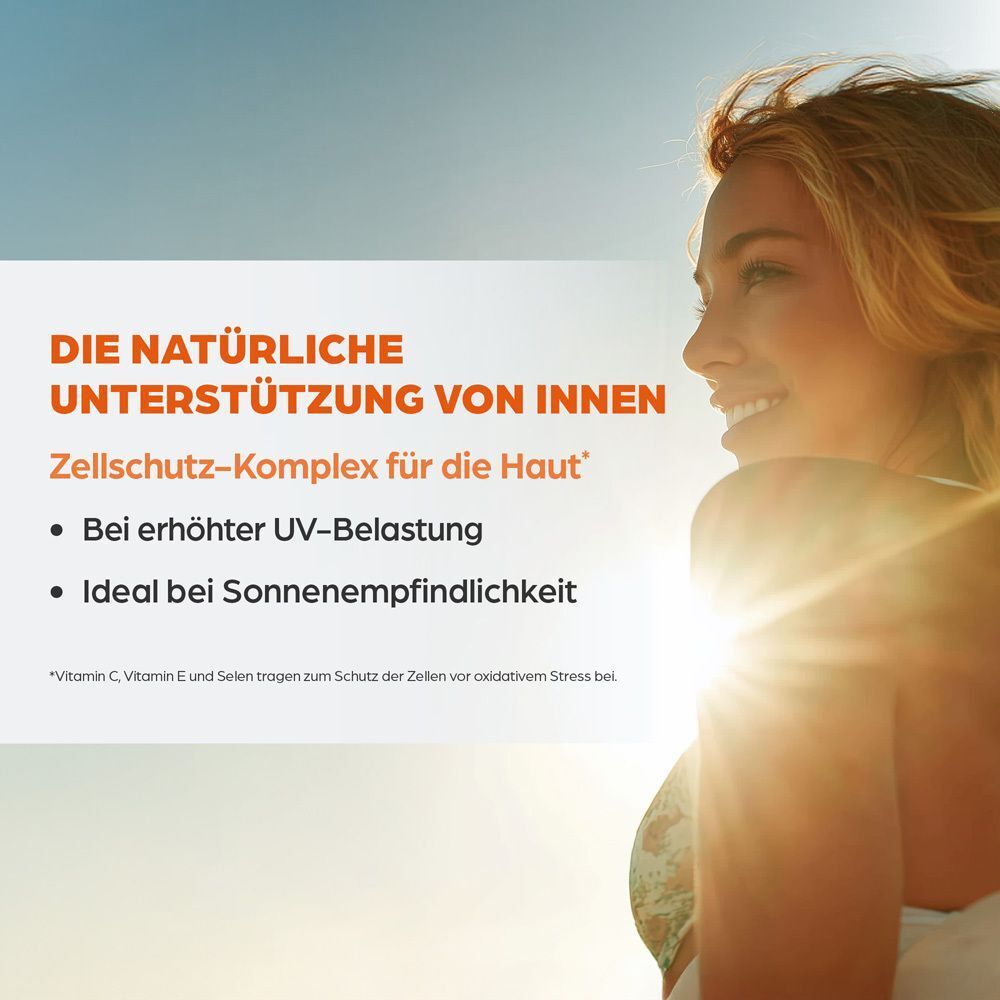Frau im Profil. Text: DIE NATÜRLICHE UNTERSTÜTZUNG VON INNEN. Zellschutz-Komplex für die Haut. Bei erhöhter UV-Belastung.