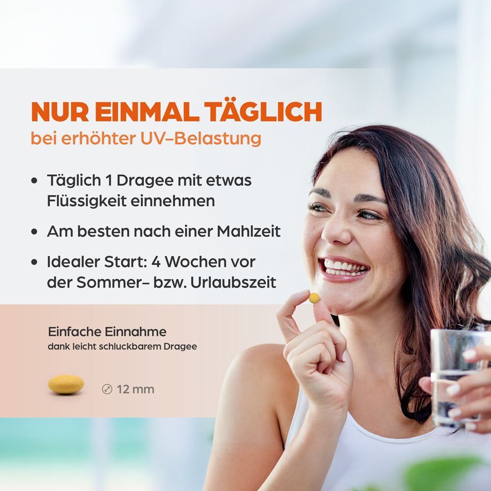 Frau nimmt eine gelbe Dragee. Text: NUR EINMAL TÄGLICH bei erhöhter UV-Belastung. 1 Dragee mit Flüssigkeit. 12 mm.