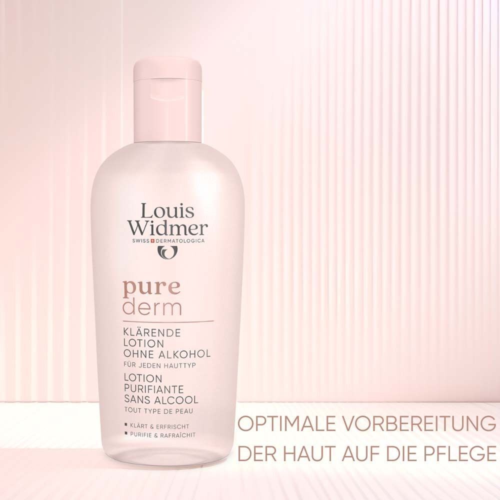 Eine Flasche Louis Widmer purederm klärende Lotion ohne Alkohol. Text: Optimale Vorbereitung der Haut auf die Pflege.