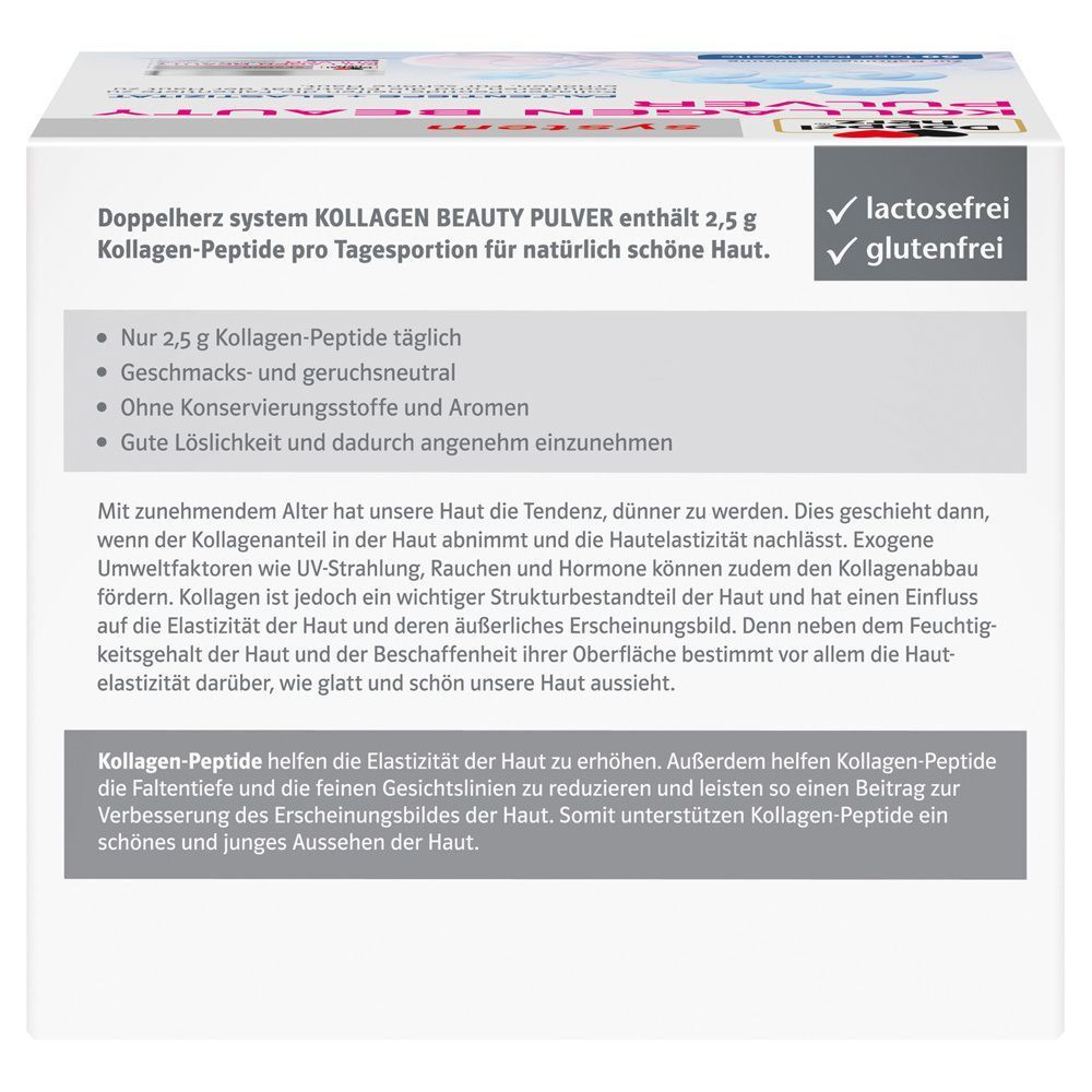Packung Doppelherz system Kollagen Beauty Pulver mit Hinweisen: 2,5 g Kollagen-Peptide, lactosefrei, glutenfrei.