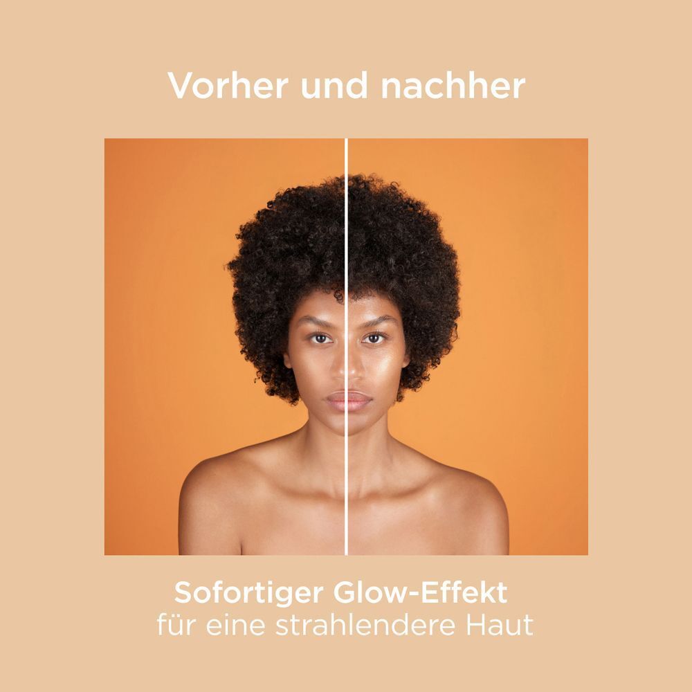 Vorher-Nachher-Bild. Eine Frau mit und ohne aufgetragene Sonnencreme. Text: Sofortiger Glow-Effekt für eine strahlendere Haut.