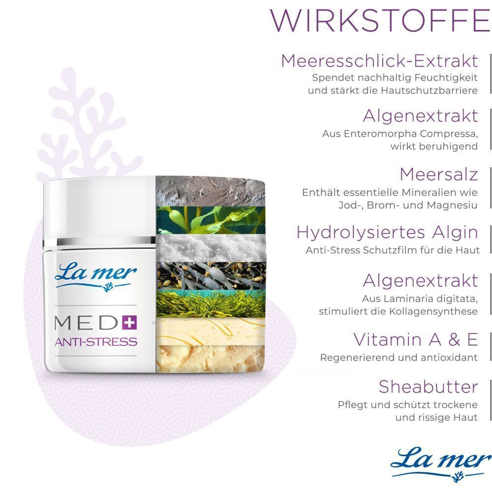Creme-Tiegel neben Inhaltsstoff-Grafik. Aufschrift: La mer MED+ Anti-Stress. Inhaltsstoffe: Meereschlick, Algenextrakt, Meersalz, Algin, Sheabutter.