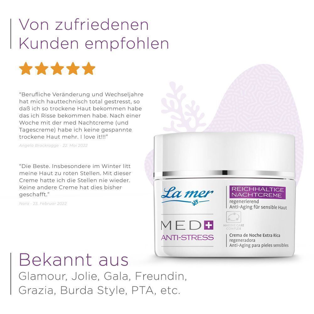 Creme-Tiegel neben Kundenbewertung. Aufschrift: La mer MED+ Anti-Stress, reichhaltige Nachtcreme. Text: Von zufriedenen Kunden empfohlen.
