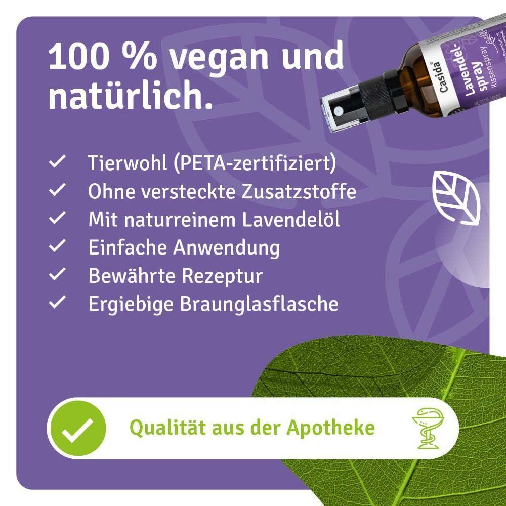 Braune Sprühflasche mit schwarzem Sprühkopf. Auf dem Etikett steht "Casida Lavendelspray Kissenspray". Text: "100 % vegan und natürlich".