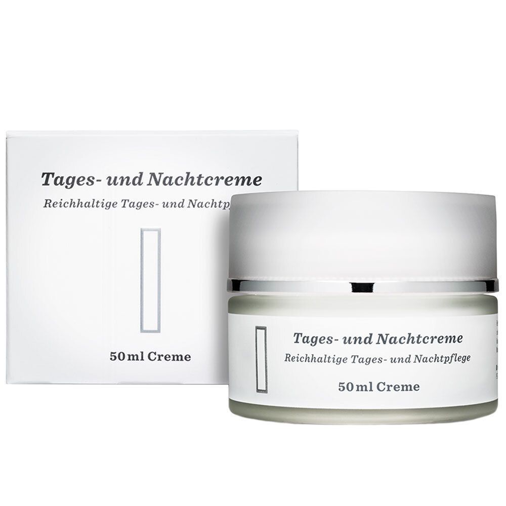 Cremetiegel mit Deckel und Verpackung. Etikett mit Text: Tages- und Nachtcreme, reichhaltige Tages- und Nachtpflege, 50ml Creme.
