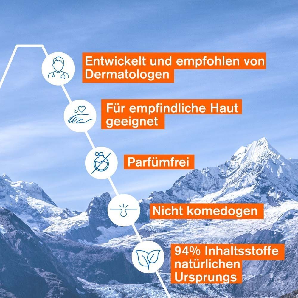 Text: Entwickelt und empfohlen von Dermatologen. Für empfindliche Haut geeignet. Parfümfrei. Nicht komedogen. 94% Inhaltsstoffe natürlichen Ursprungs.