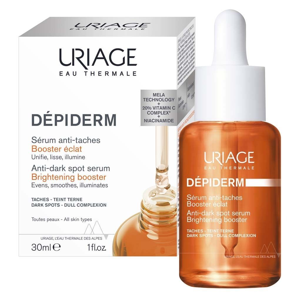 Uriage Dépiderm Serum mit Verpackung. Flasche mit Pipette. Text: Anti-Pigmentflecken Booster éclat. 30ml.