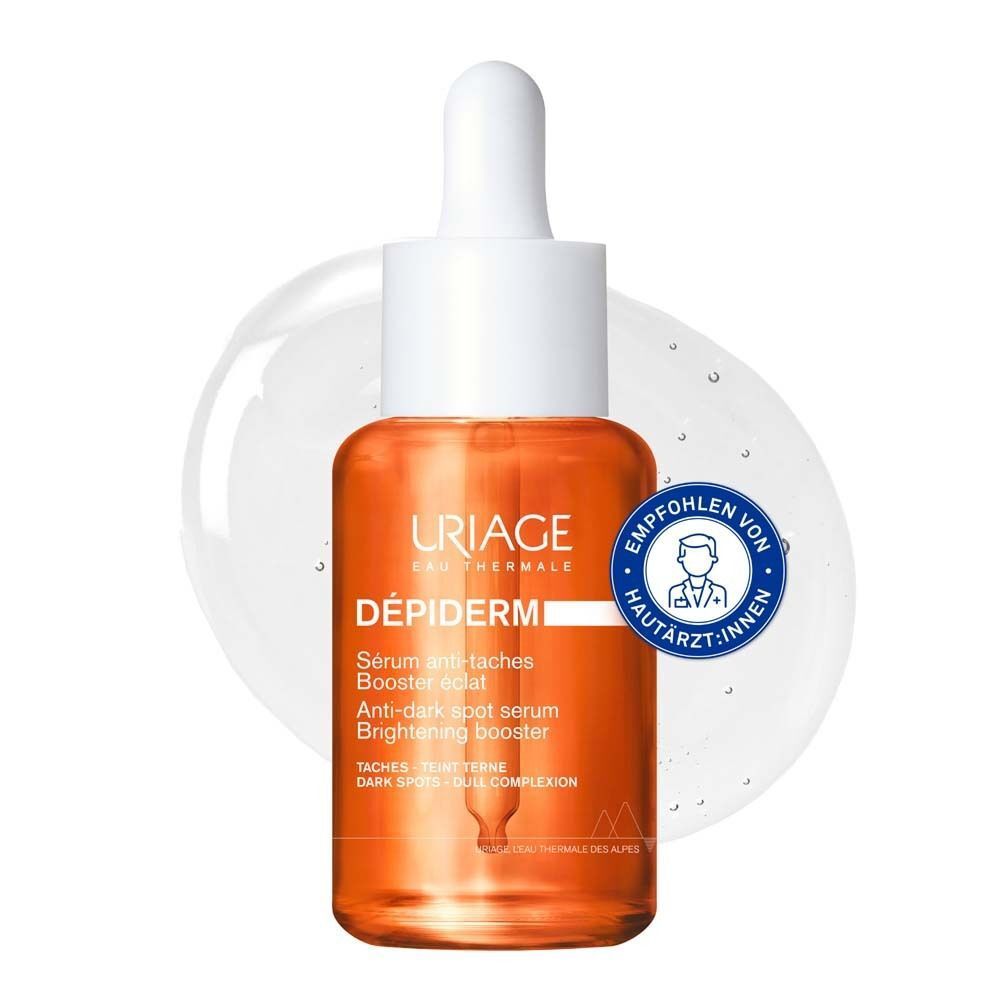 Uriage Dépiderm Serum mit Pipette. Aufkleber: Empfohlen von Hautärzten. Orangefarbene Flüssigkeit.