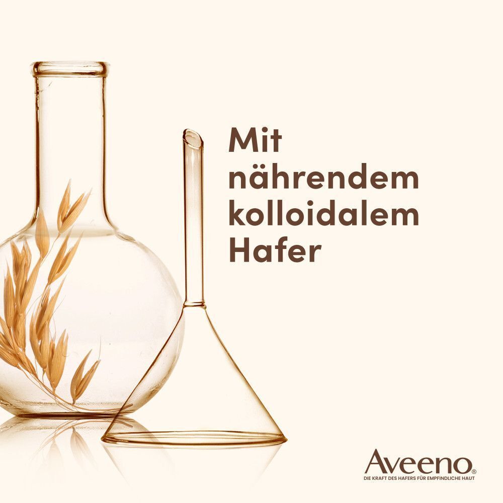 Glasbehälter mit Haferähren und Trichter. Text: Mit nährendem kolloidalem Hafer. AVEENO Logo.
