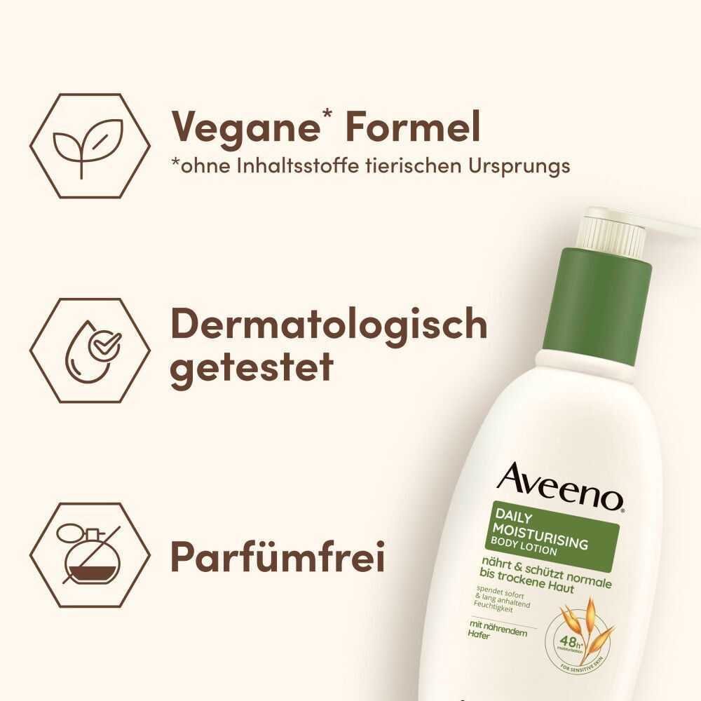Text: Vegane Formel, dermatologisch getestet, parfümfrei. AVEENO Daily Moisturising Bodylotion Flasche.