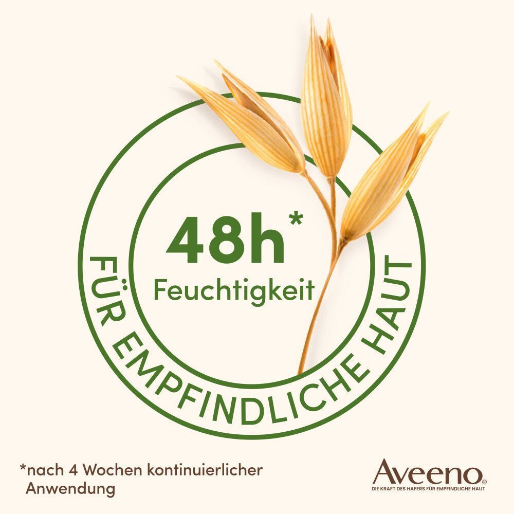 Kreisförmiges Logo mit Text: 48h Feuchtigkeit für empfindliche Haut. AVEENO Logo.