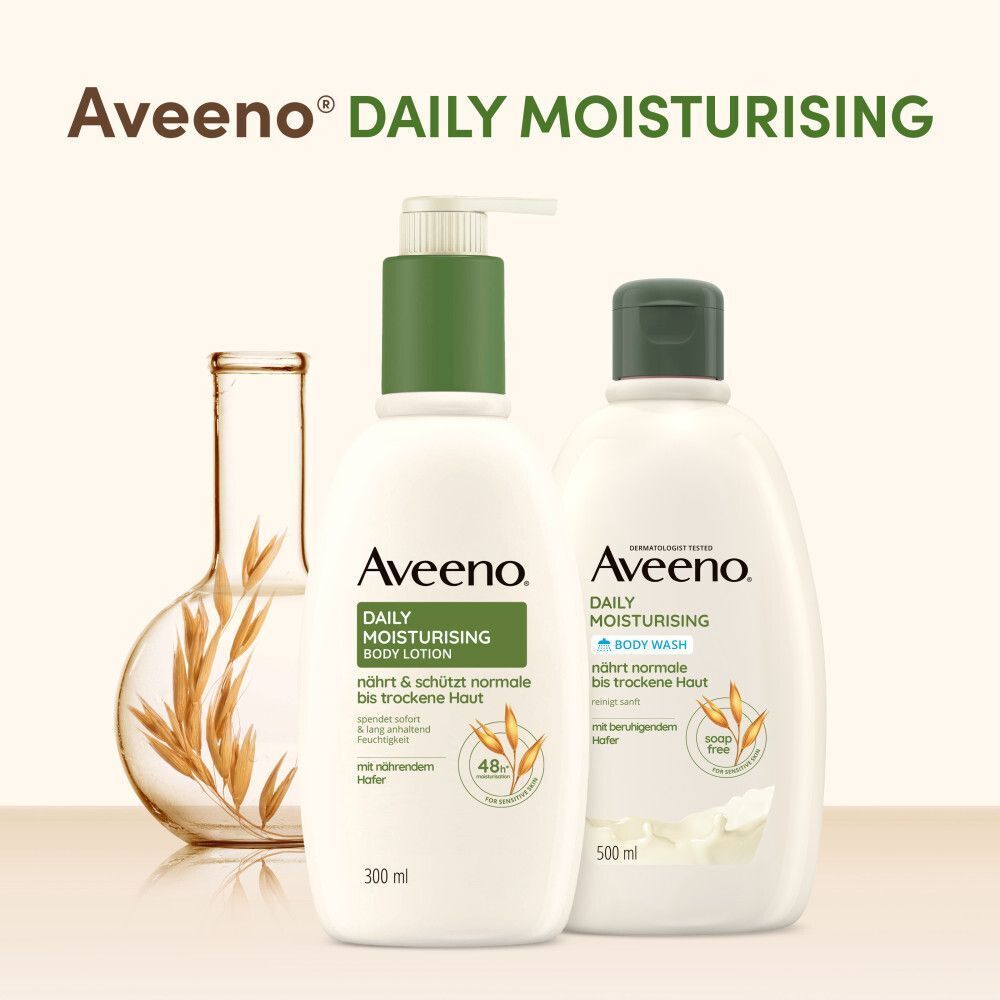 AVEENO Daily Moisturising Bodylotion und Body Wash. Weiße Flaschen mit grünen Kappen. 300ml und 500ml. Glasbehälter mit Hafer.