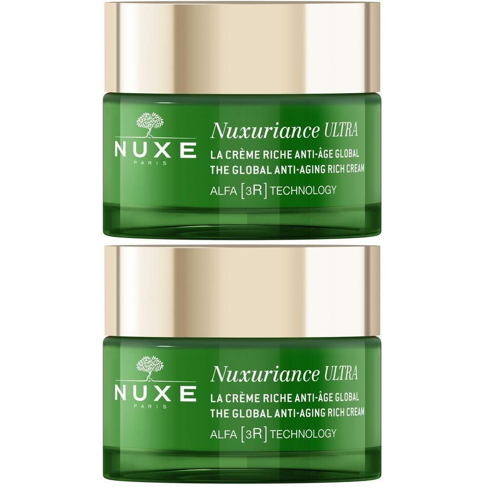 Zwei grüne Tiegel NUXE Nuxuriance Ultra. Aufschrift: La crème riche anti-âge global. Alfa [3R] Technology.