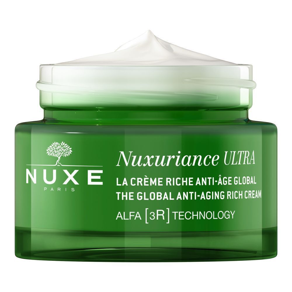 Grüner Tiegel NUXE Nuxuriance Ultra mit Creme. Aufschrift: La crème riche anti-âge global. Alfa [3R] Technology.