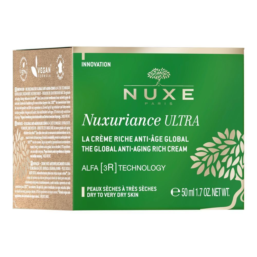 Verpackung NUXE Nuxuriance Ultra. Aufschrift: La crème riche anti-âge global. Alfa [3R] Technology. Vegan-Logo.