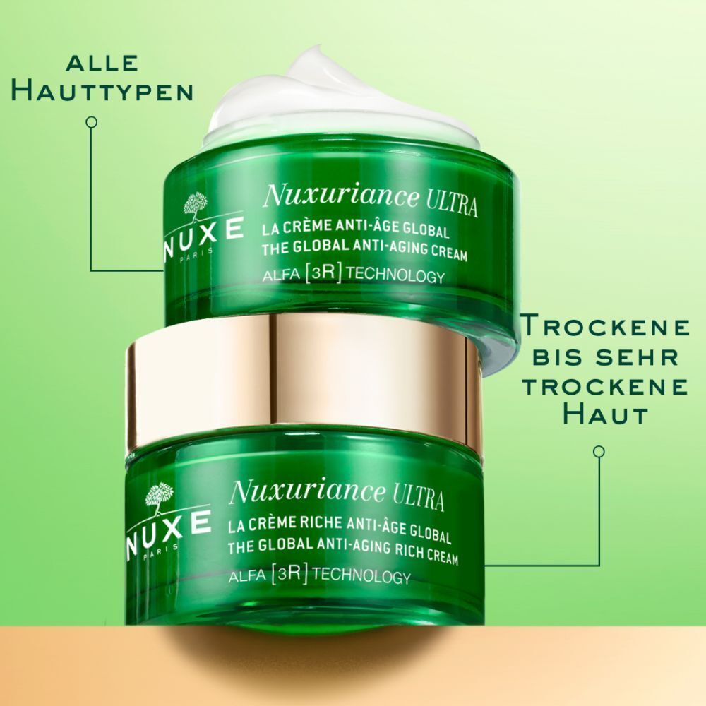 Zwei grüne Tiegel NUXE Nuxuriance Ultra. Aufschrift: La crème riche anti-âge global. Alfa [3R] Technology. Text: Trockene bis sehr trockene Haut.