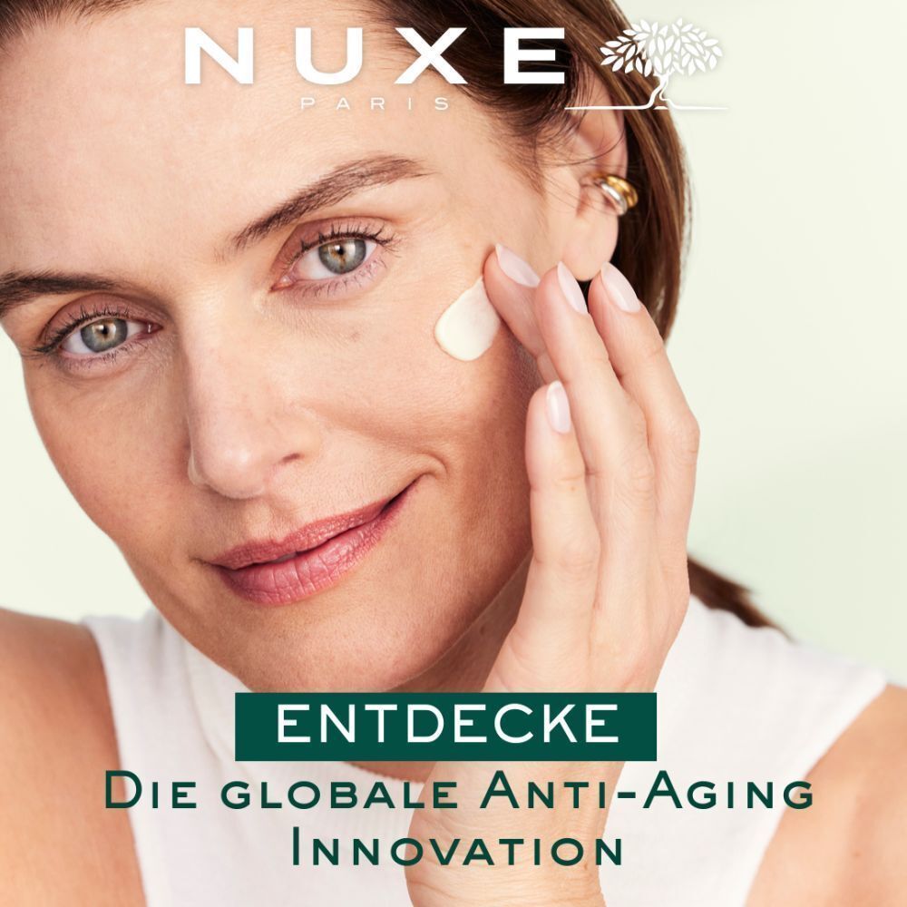 Frau mit Creme auf der Haut. Text: Entdecke die globale Anti-Aging Innovation. NUXE-Logo.