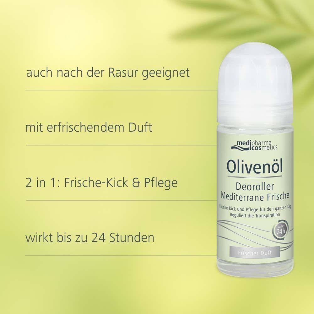 Deoroller mit weißem Deckel. Aufschrift: Olivenöl Deoroller Mediterrane Frische. Marke: medipharma cosmetics. Text: auch nach der Rasur geeignet, mit erfrischendem Duft, 2 in 1.