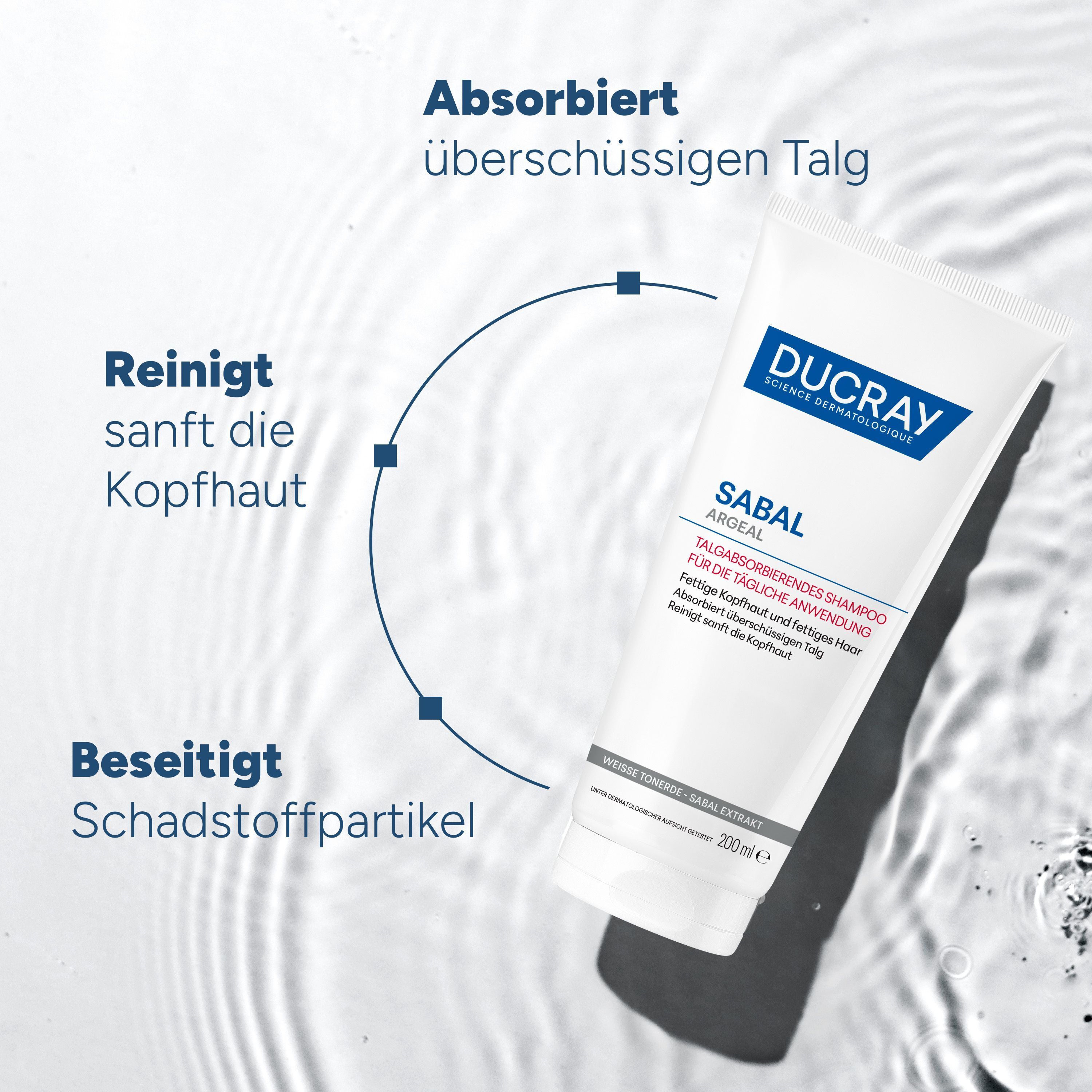 Weiße Tube mit blauer Aufschrift DUCRAY. Text: SABAL ARGEAL, Talgabsorbierendes Shampoo. Reinigt sanft die Kopfhaut. Beseitigt Schadstoffpartikel.