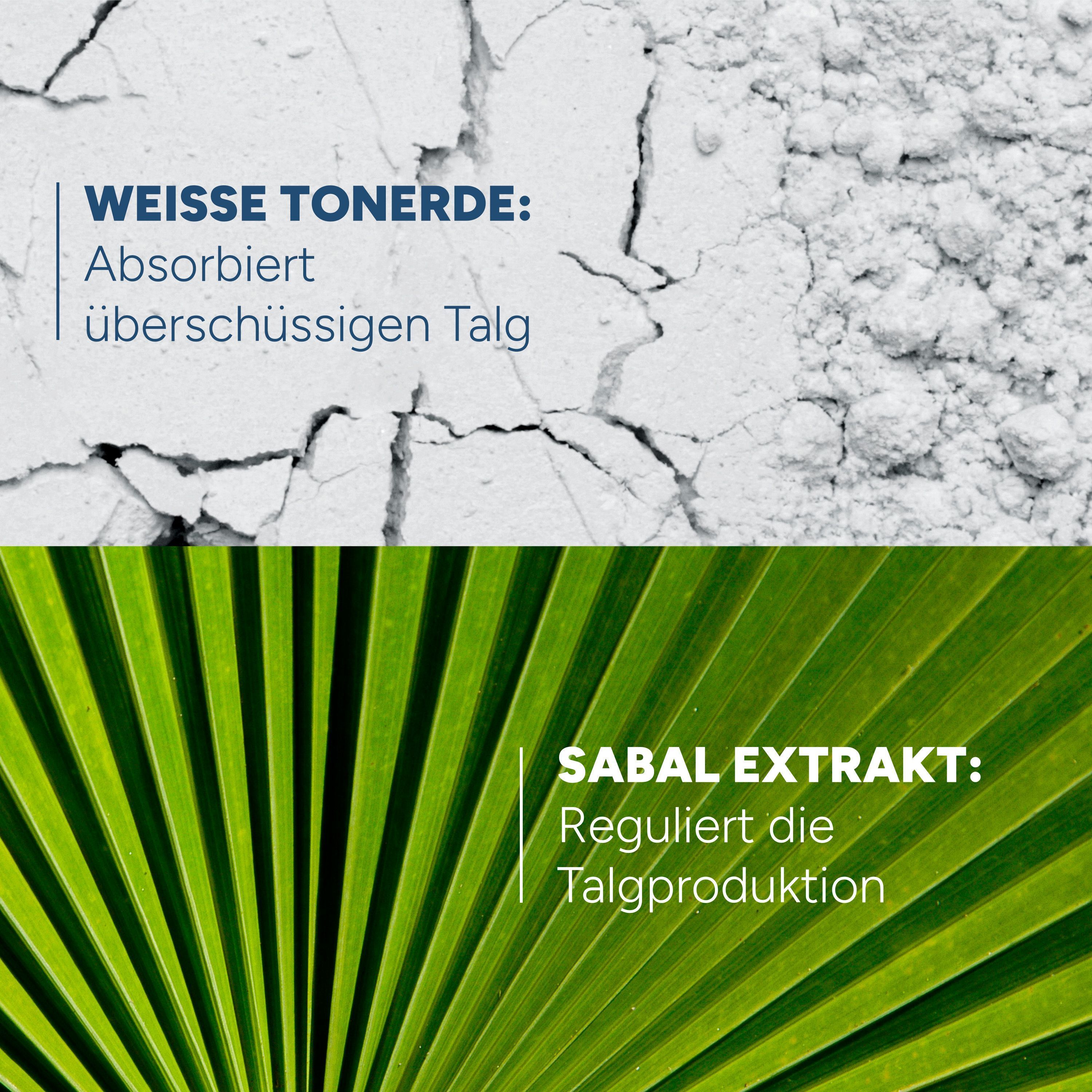 Zwei Bilder. Oben: Weiße Tonerde. Absorbiert überschüssigen Talg. Unten: Sabal Extrakt. Reguliert die Talgproduktion.