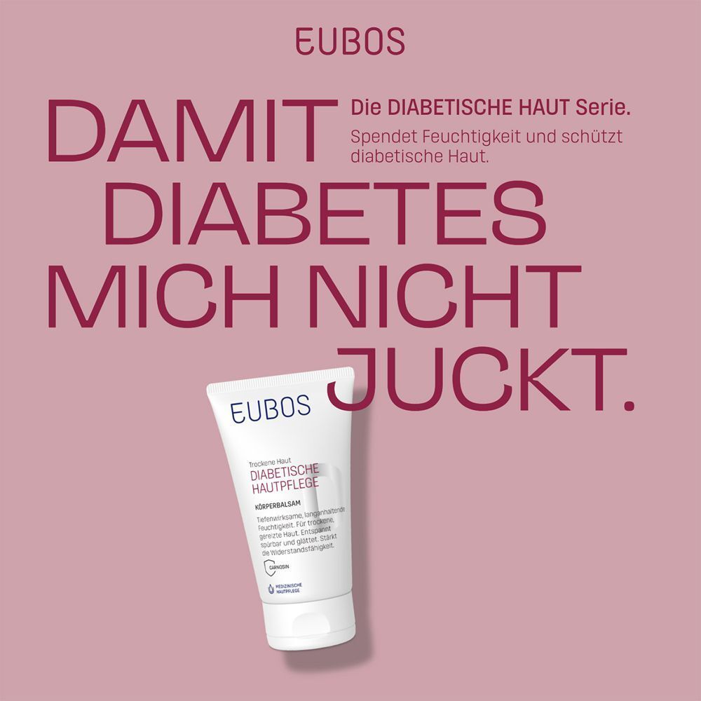Tuben EUBOS DIABETISCHE HAUT PFLEGE Körperlotion. Text: 'DIABETES MICH NICHT JUCKT'. Rosa Hintergrund.