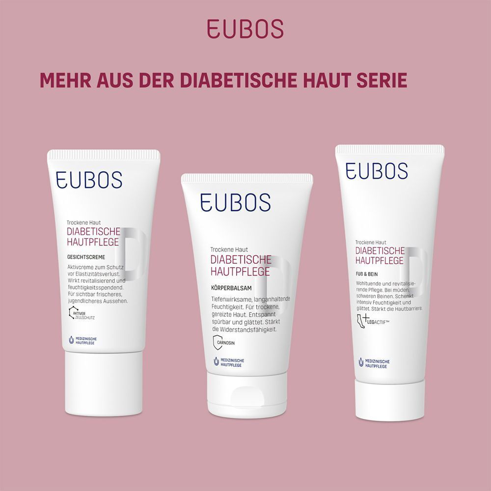 Drei Tuben EUBOS DIABETISCHE HAUT PFLEGE Produkte: Gesicht, Körperbalsam, Fuß & Bein. Rosa Hintergrund.