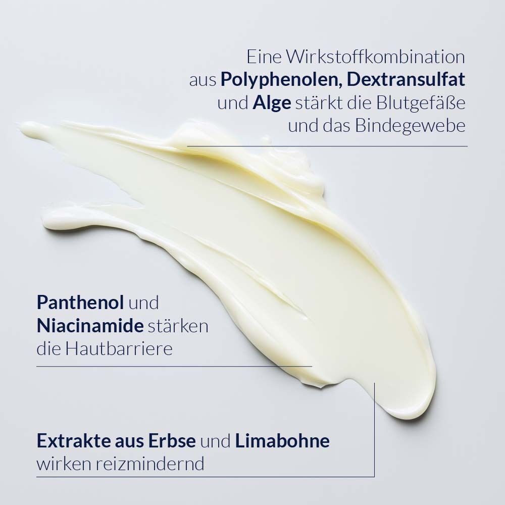 Nahaufnahme einer Creme. Text: Eine Wirkstoffkombination aus Polyphenolen, Dextransulfat und Alge stärkt die Blutgefäße und das Bindegewebe.