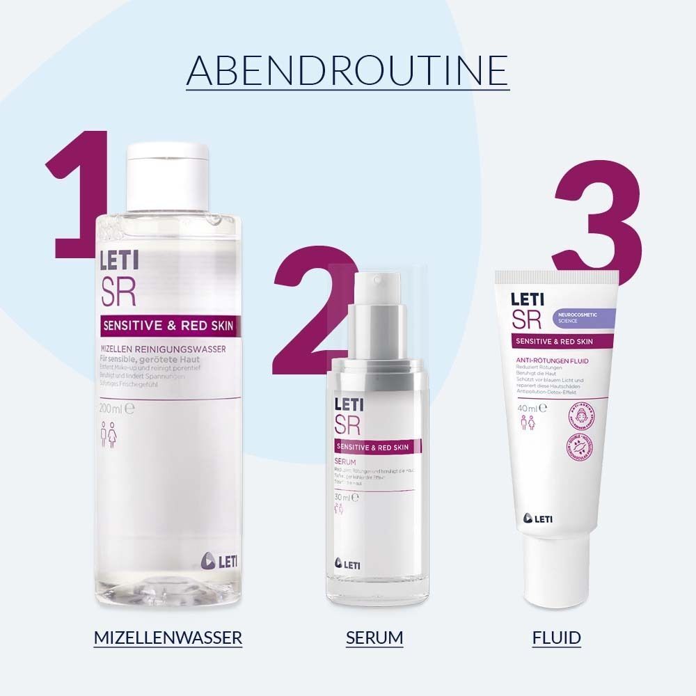 Abendroutine. Drei Produkte: Mizellen Reinigungswasser, Serum und Fluid. Alle Produkte mit LETI SR Logo.