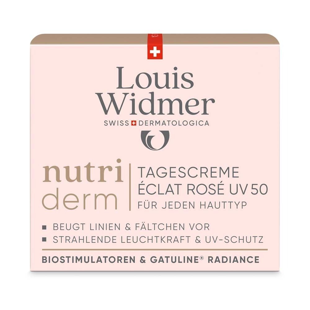 Verpackung mit Produktnamen und Logo. Aufschrift: Louis Widmer, Nutriderm, Tagescreme Eclat Rose UV50. Mit Schweizer Kreuz.