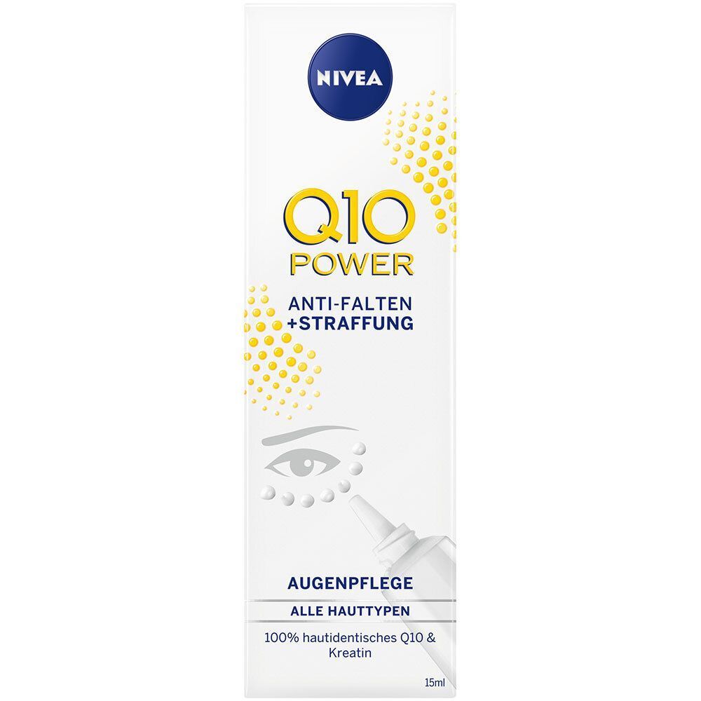 Verpackung der Augenpflege. Aufschrift: NIVEA Q10 Power Anti-Falten. Weiße Verpackung mit gelben Punkten und blauen Akzenten.
