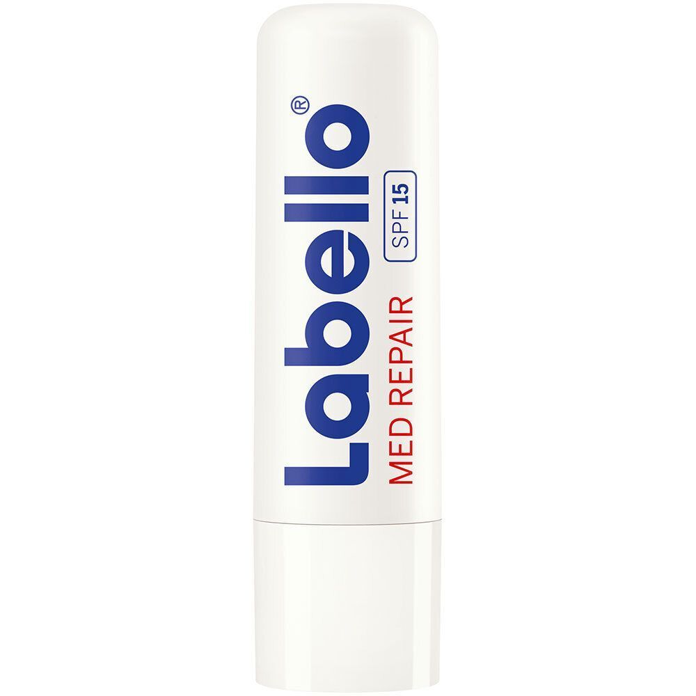 Weißer Lippenpflegestift. Blauer Schriftzug: Labello, Med Repair, SPF 15. Mit Vitamin E.