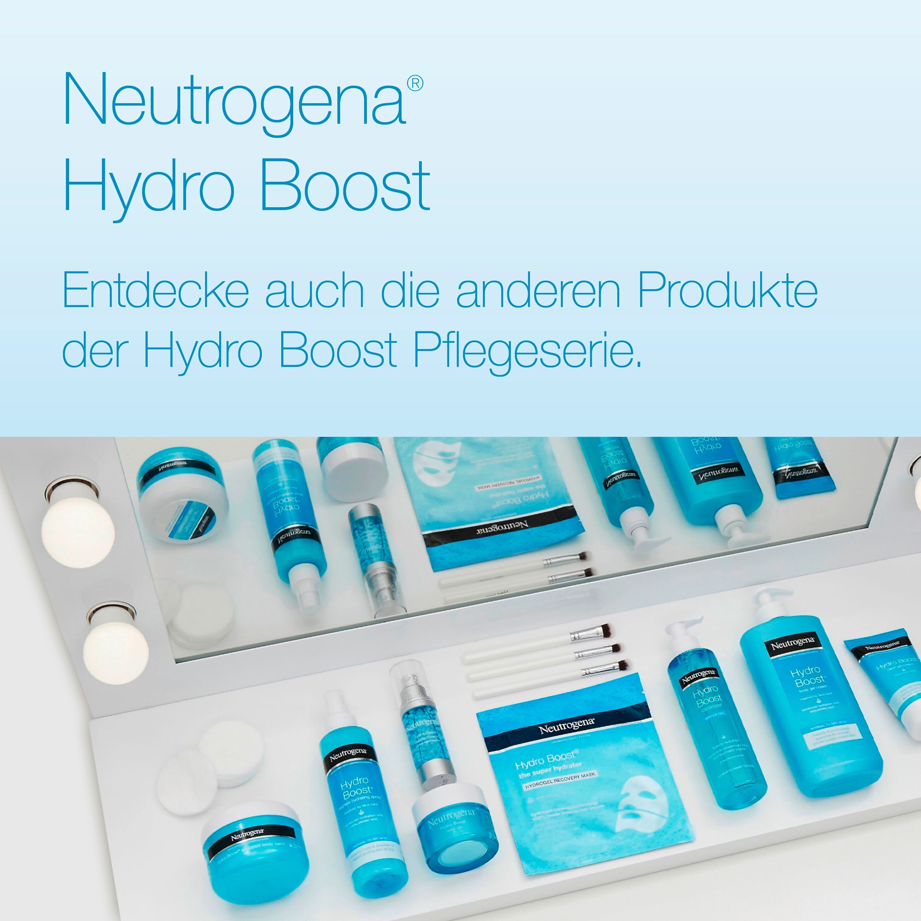 Spiegel mit verschiedenen Neutrogena Hydro Boost Produkten. Flaschen, Tiegel, Tücher.