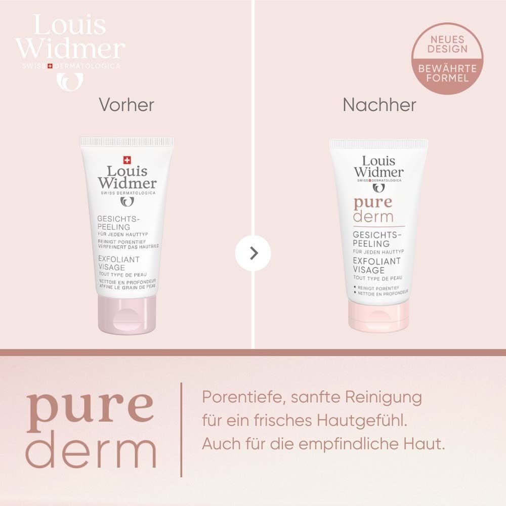Vergleich Vorher/Nachher. Links: Tube Gesichtspeeling. Rechts: Tube Gesichtspeeling, neues Design. Text: Porentiefe, sanfte Reinigung.