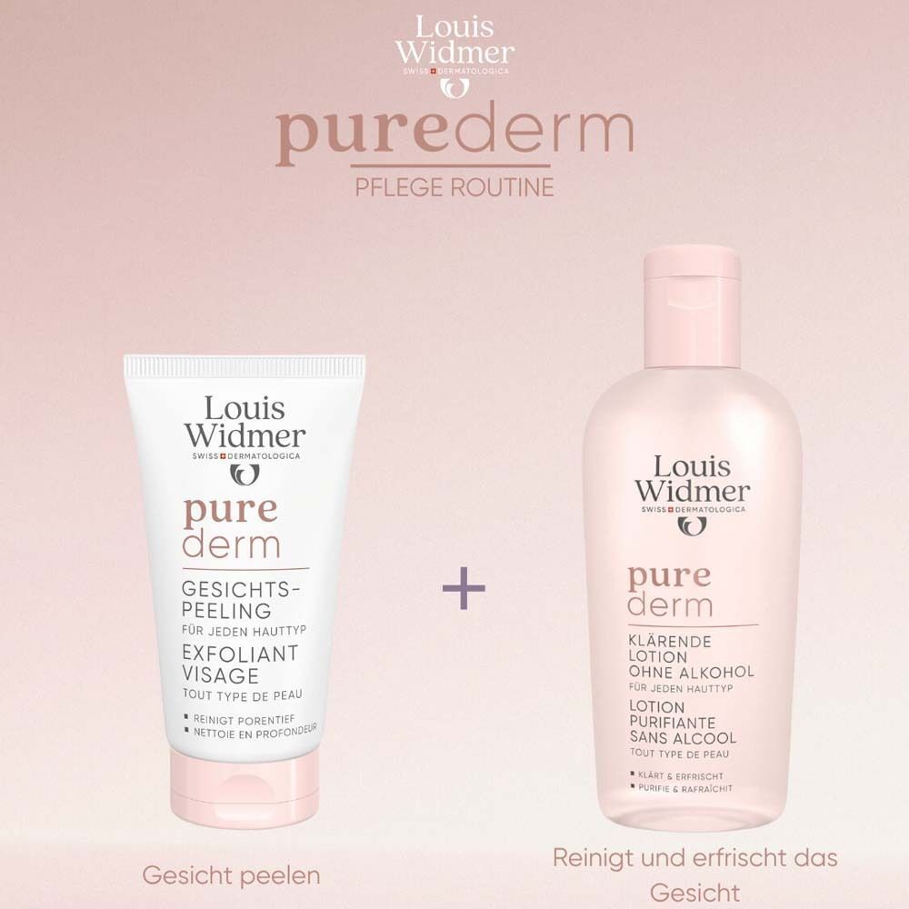 Gesichtspeeling-Tube und Lotion. Aufschrift: Louis Widmer, pure derm. Text: Gesicht peelen, reinigt und erfrischt das Gesicht.