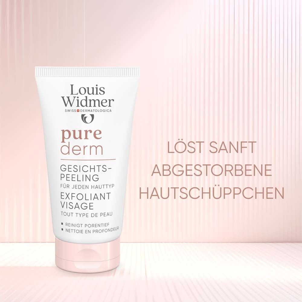 Gesichtspeeling-Tube. Aufschrift: Louis Widmer, pure derm, Gesichtspeeling, für jeden Hauttyp. Text: Löst sanft abgestorbene Hautschüppchen.