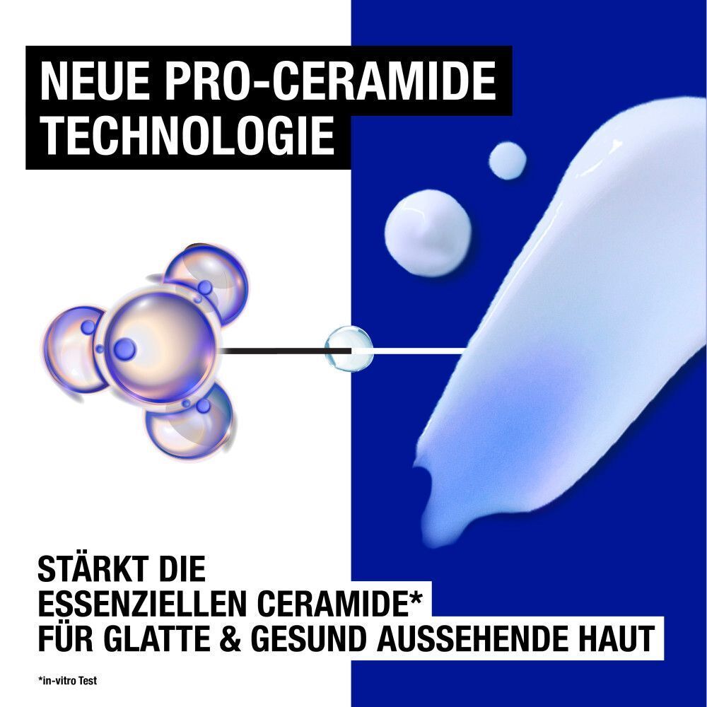 Grafik: Molekülmodell und Creme. Text: NEUE PRO-CERAMIDE TECHNOLOGIE. STÄRKT DIE ESSENTIELLEN CERAMIDE FÜR GLATTE & GESUND AUSSEHENDE HAUT.
