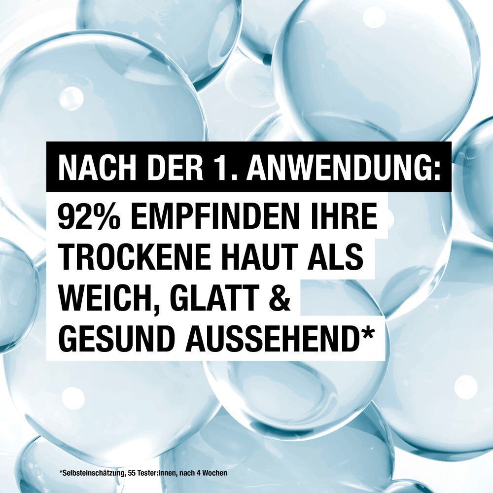 Grafik: Wasserblasen. Text: NACH DER 1. ANWENDUNG: 92% EMPFINDEN IHRE TROCKENE HAUT ALS WEICH, GLATT & GESUND AUSSEHEND.