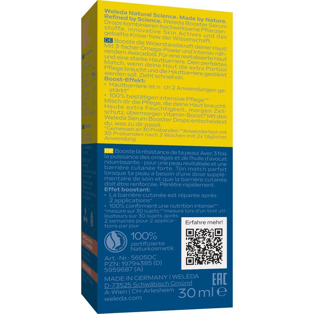 Rückseite der WELEDA Extra Rich Omega Serum Drops Verpackung. Text in deutscher Sprache, Zertifizierungen und QR-Code.