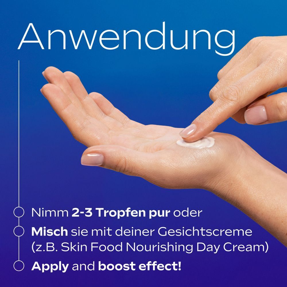 Anwendungshinweise. Hand mit Serum, Text: Nimm 2-3 Tropfen pur oder mische sie mit deiner Gesichtscreme. Apply and boost effect!