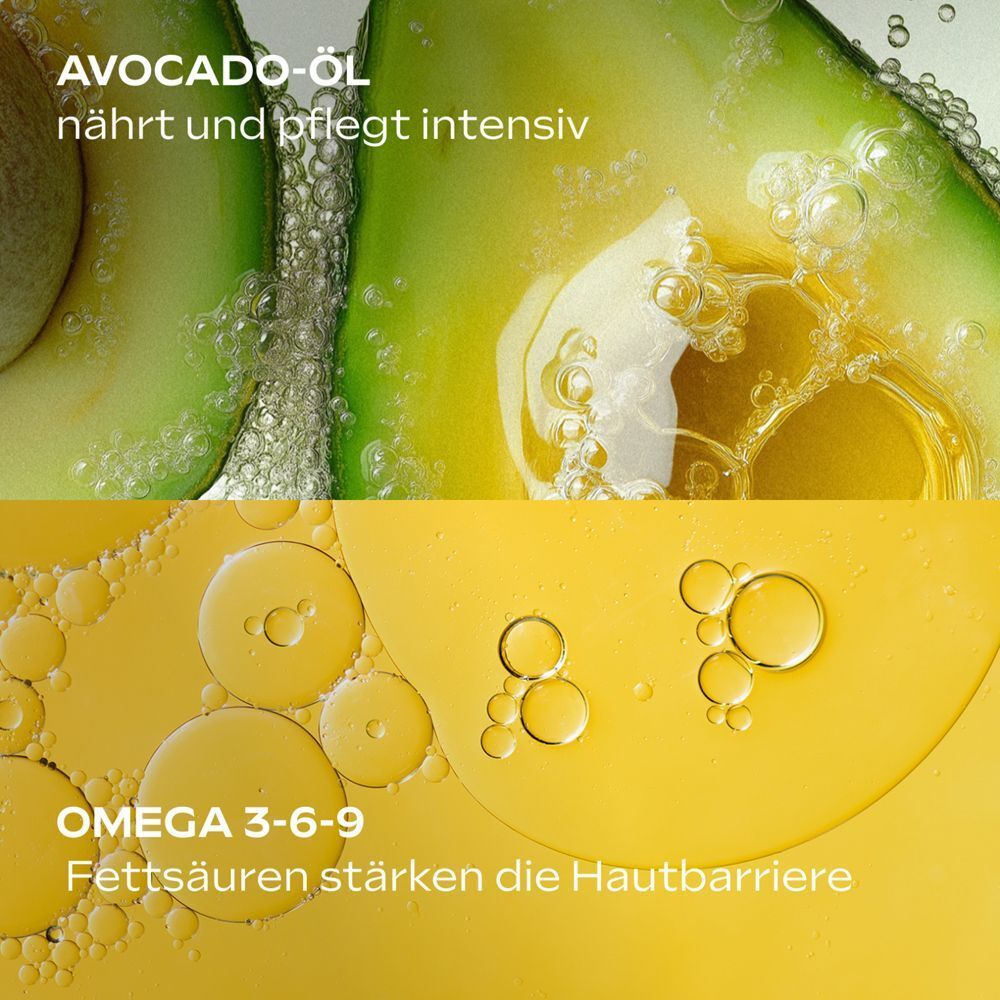 Nahaufnahme von Avocado und Öl. Text: Avocado-Öl nährt und pflegt intensiv. Omega 3-6-9 Fettsäuren stärken die Hautbarriere.