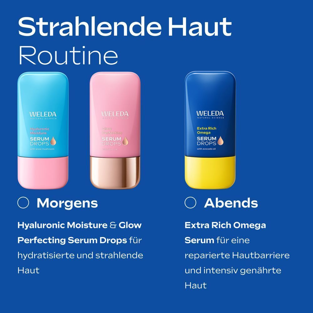 Drei Serumflaschen. Text: Morgens Hyaluronic Moisture & Glow, Abends Extra Rich Omega Serum. Blaue und rosa Flaschen.