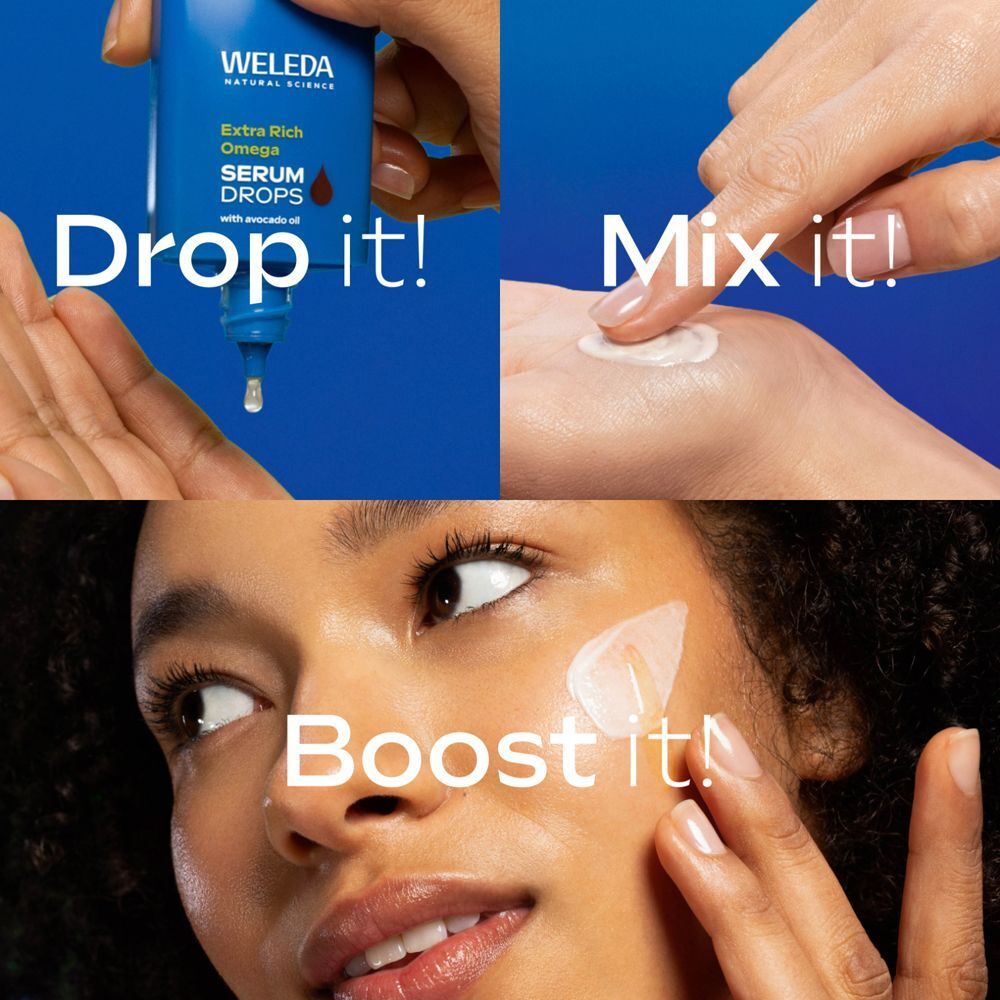 Anwendung des Serums. Tropfen, Mischen, Auftragen. Text: Drop it!, Mix it!, Boost it!