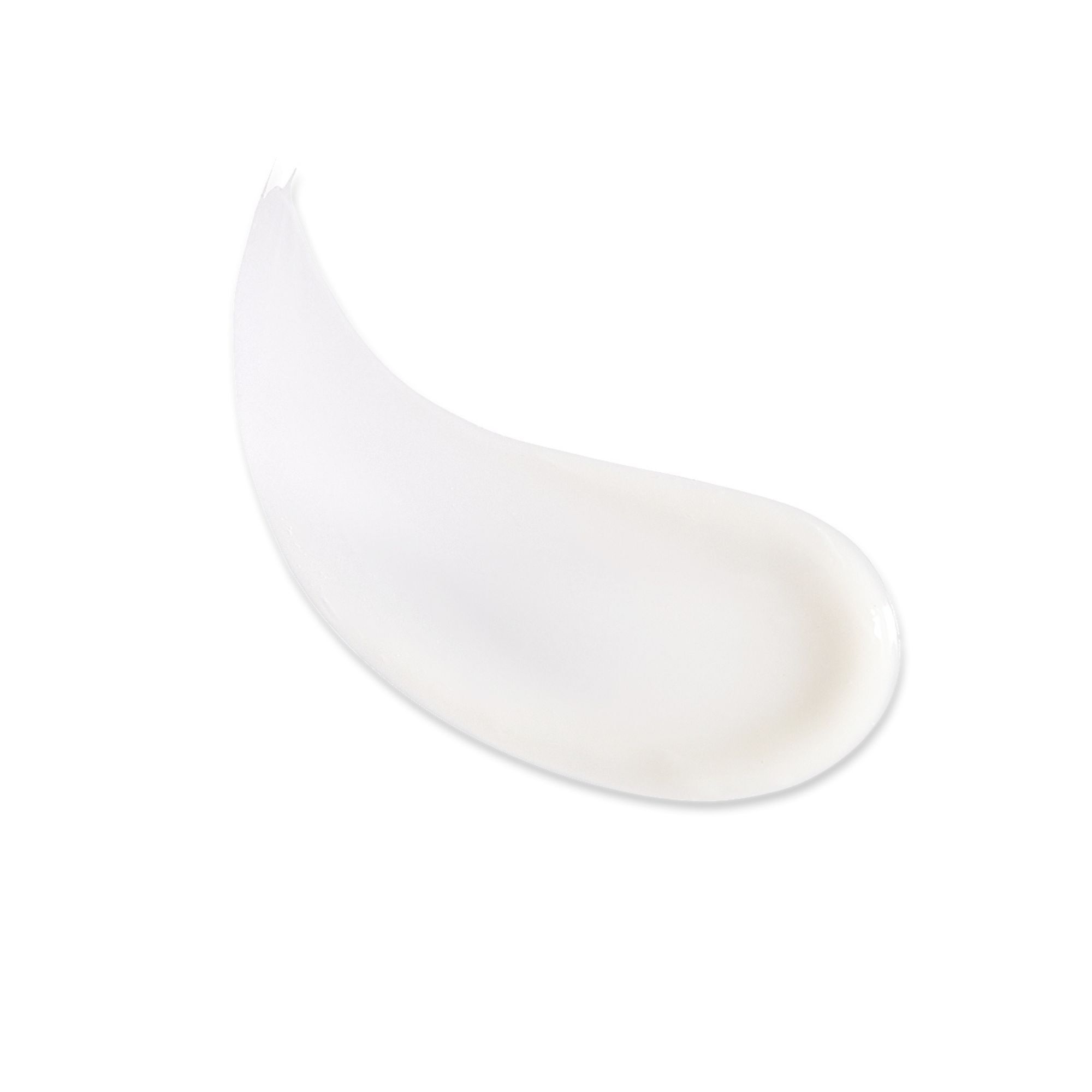 Weißes Creme-Produkt, in Form eines geschwungenen Strichs. Auf weißem Hintergrund.