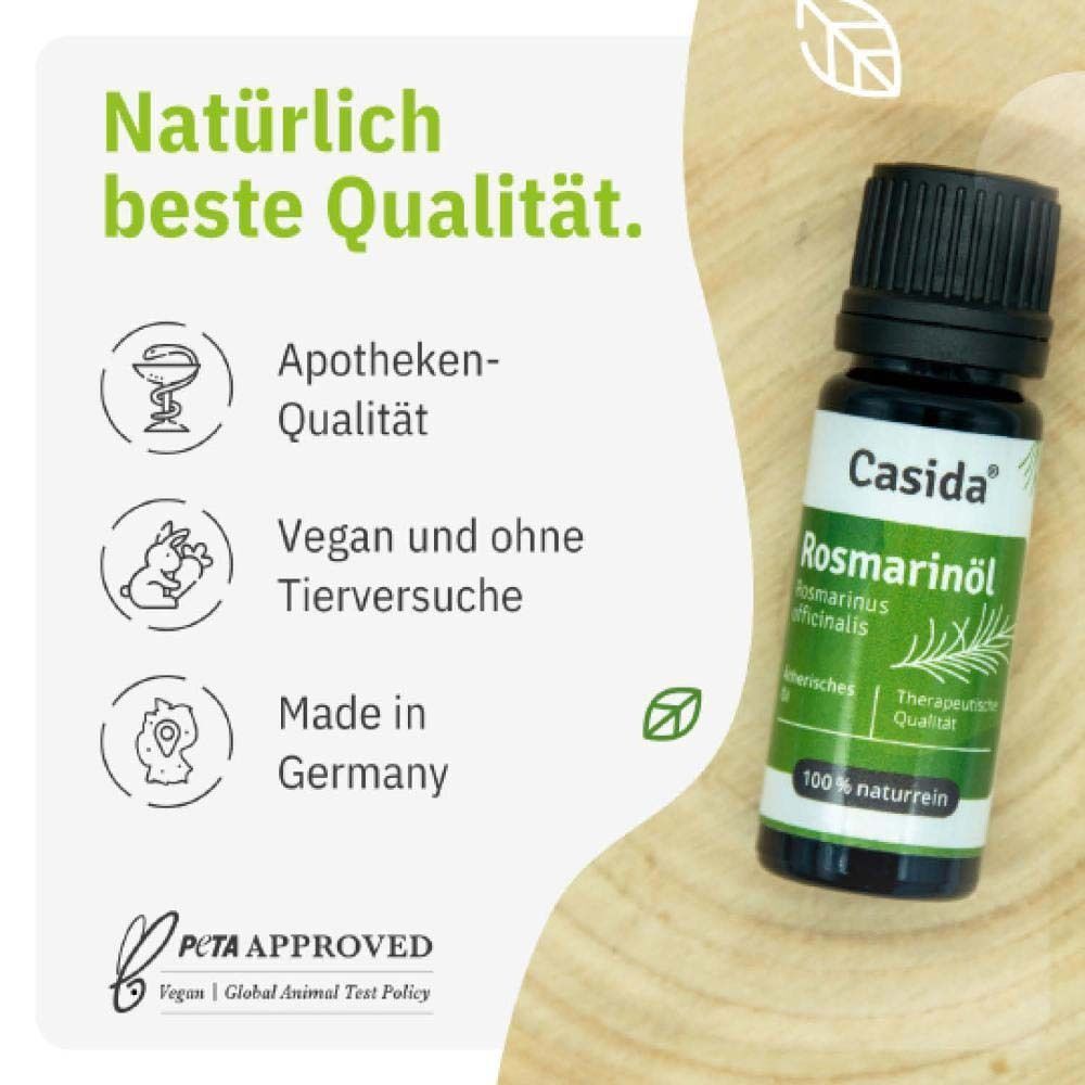 Flasche mit schwarzem Deckel. Etikett mit Aufschrift: Casida, Rosmarinöl. Text: Apotheken-Qualität, vegan, Made in Germany.